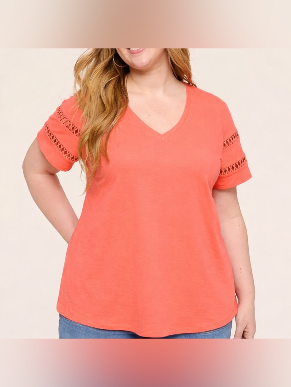 Lane Bryant Top 26/28 NWT Coral V-Neck Crochet Sleeve Plus Size Blouse